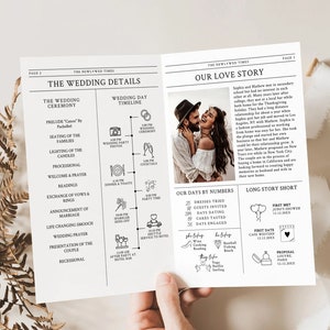 May include: A wedding invitation with a black and white newspaper design. The front page features a photo of a couple and the headline "Our Love Story". The back page includes a wedding ceremony timeline and a list of wedding details.