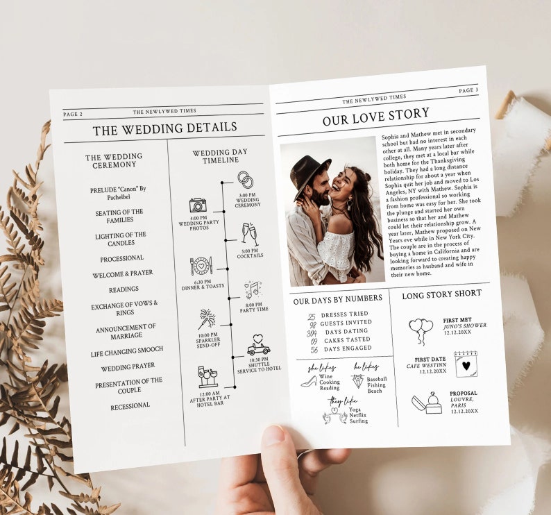 May include: A wedding invitation with a black and white newspaper design. The front page features a photo of a couple and the headline "Our Love Story". The back page includes a wedding ceremony timeline and a list of wedding details.