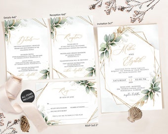 Wedding Invitation Template, Eucalyptus Wedding Template, Wedding Invitation, Greenery Invitation Template , Faux Gold Invite , yv443