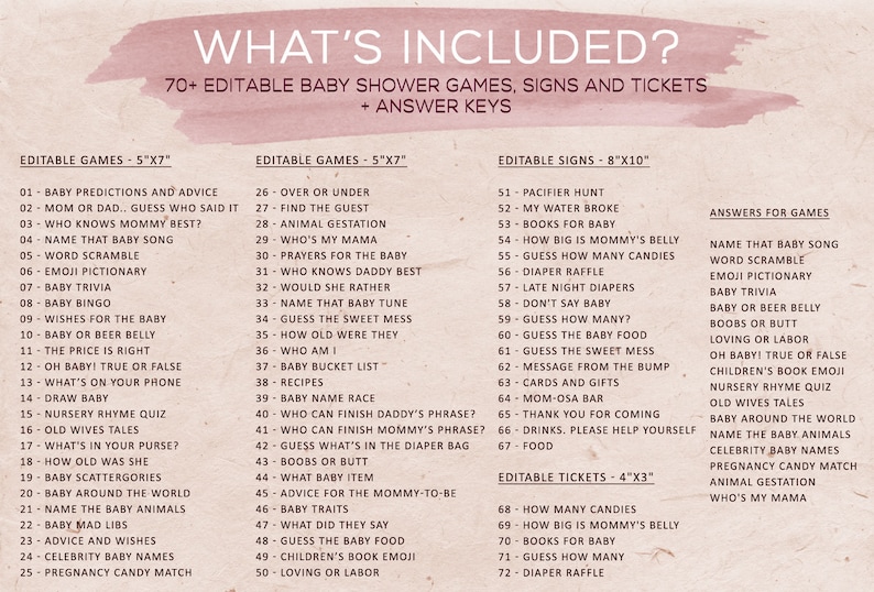 May include: A digital list titled WHAT'S INCLUDED? featuring 70+ editable baby shower games, signs, and tickets with answer keys. The text is organized into columns labeled Editable Games 5"x7", Editable Signs 8"x10", and Editable Tickets 4"x3".