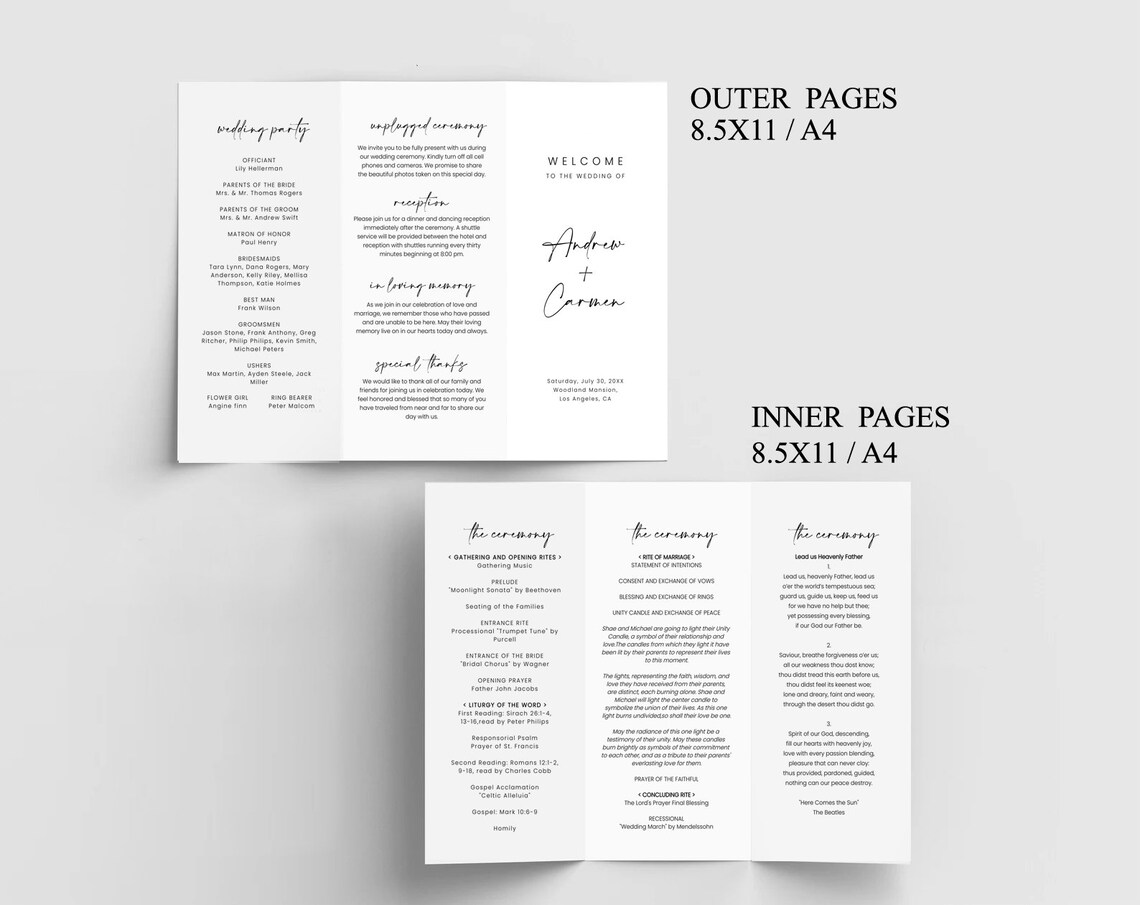 Minimalist Trifold Wedding Program Template Folded Boho Etsy