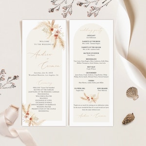Pampasgras Hochzeit Programm Vorlage, Boho Hochzeitsprogramm, Minimalistisches Hochzeitsprogramm, druckbares Hochzeitsprogramm Download, modernes Programm