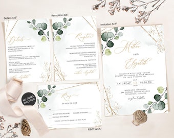 Greenery Wedding Invitation Template Set, Greenery Wedding Invite with leaves, Instant Download, Editable, Printable Template,Invites, yv934