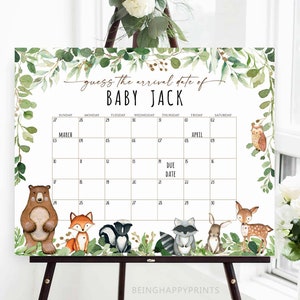 May include: A printable baby shower game with a woodland theme. The game is a calendar with the text "guess the arrival date of Baby Jack". The calendar has a due date marked and is surrounded by woodland animals like a bear, fox, raccoon, and deer.