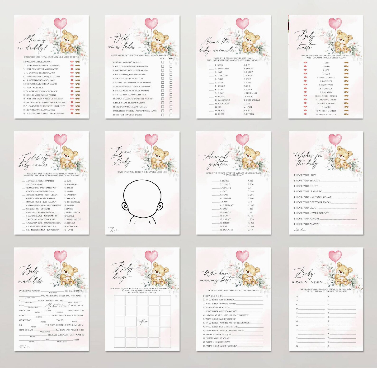 Teddy Bear Baby Shower Games Printable, Editable Baby Shower Games