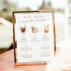 Bar-Menü-Vorlage, moderne bearbeitbare Getränke-Menü-Vorlage, minimalistische druckbare Bar-Menü, Signatur-Getränke-Zeichen, Hochzeit Bar-Menü-Zeichen-Download