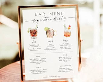 Op de afbeelding: Een barmenu-bord met een aquarel-illustratie van drie cocktails. Het bord vermeldt de drankjes als "his", "our's" en "hers" met de namen van de cocktails en hun ingrediënten. Het bord vermeldt ook bier, wijn, sterke drank en alcoholvrije opties.
