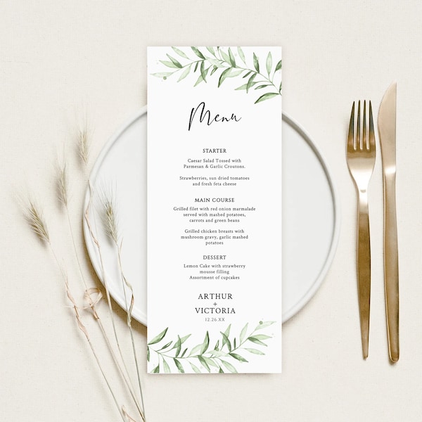 Plantilla de menú, Plantilla de menú de vegetación, Menú de boda de eucalipto imprimible, Menú de boda moderno, Descarga de menú de boda imprimible, Menú de boda