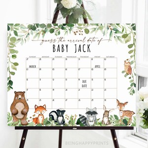 May include: A printable baby shower game with a woodland theme. The game is a calendar with the text "guess the arrival date of Baby Jack". The calendar has a due date marked and is surrounded by woodland animals like a bear, fox, raccoon, and deer.