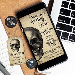 Plantilla de invitación de Halloween con calavera vintage, disfraces y cócteles, invitación de Halloween editable para adultos (hl31)