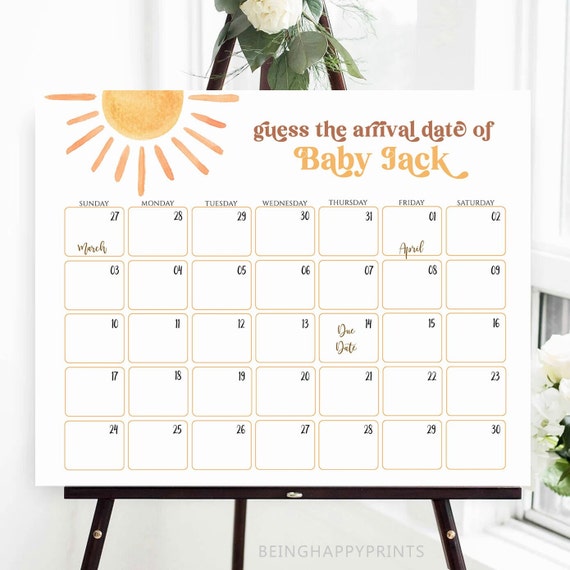 Sun Baby Due Date Calendar, Sunshine, Guess Baby's Birth Date,Guess Baby Birthday Calendar,Here Comes the Son,Baby Prediction,Due Date Game
