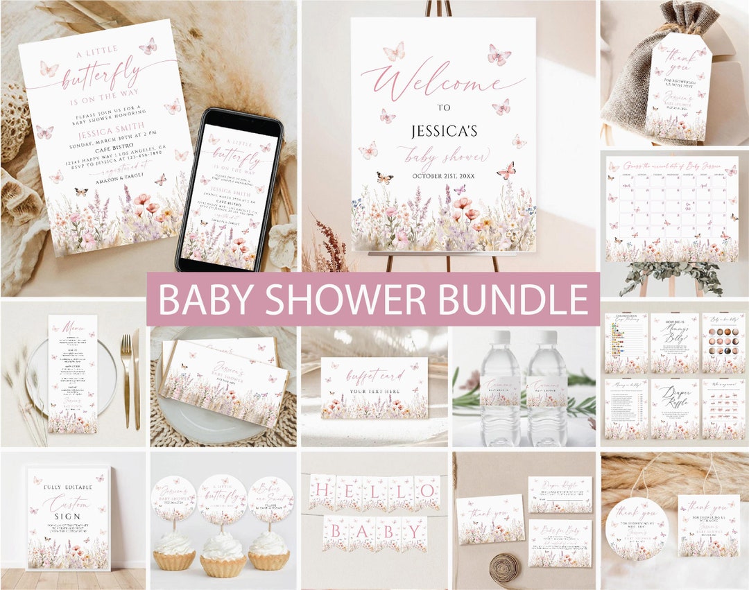Butterfly Baby Shower Invitation Bundle, Editable Floral Games & Signs ...