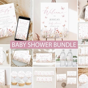 Butterfly Baby Shower Invitation Bundle, Baby Shower Butterfly Invitation, Editable Games, Boho floral Butterfly baby shower Signs Download
