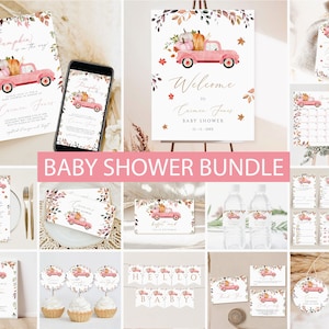 Little Pumpkin Fall Baby Shower Bundle, Fall Baby Shower Invitation Bundle, Pink pumpkin truck Editable Fall baby shower games printable