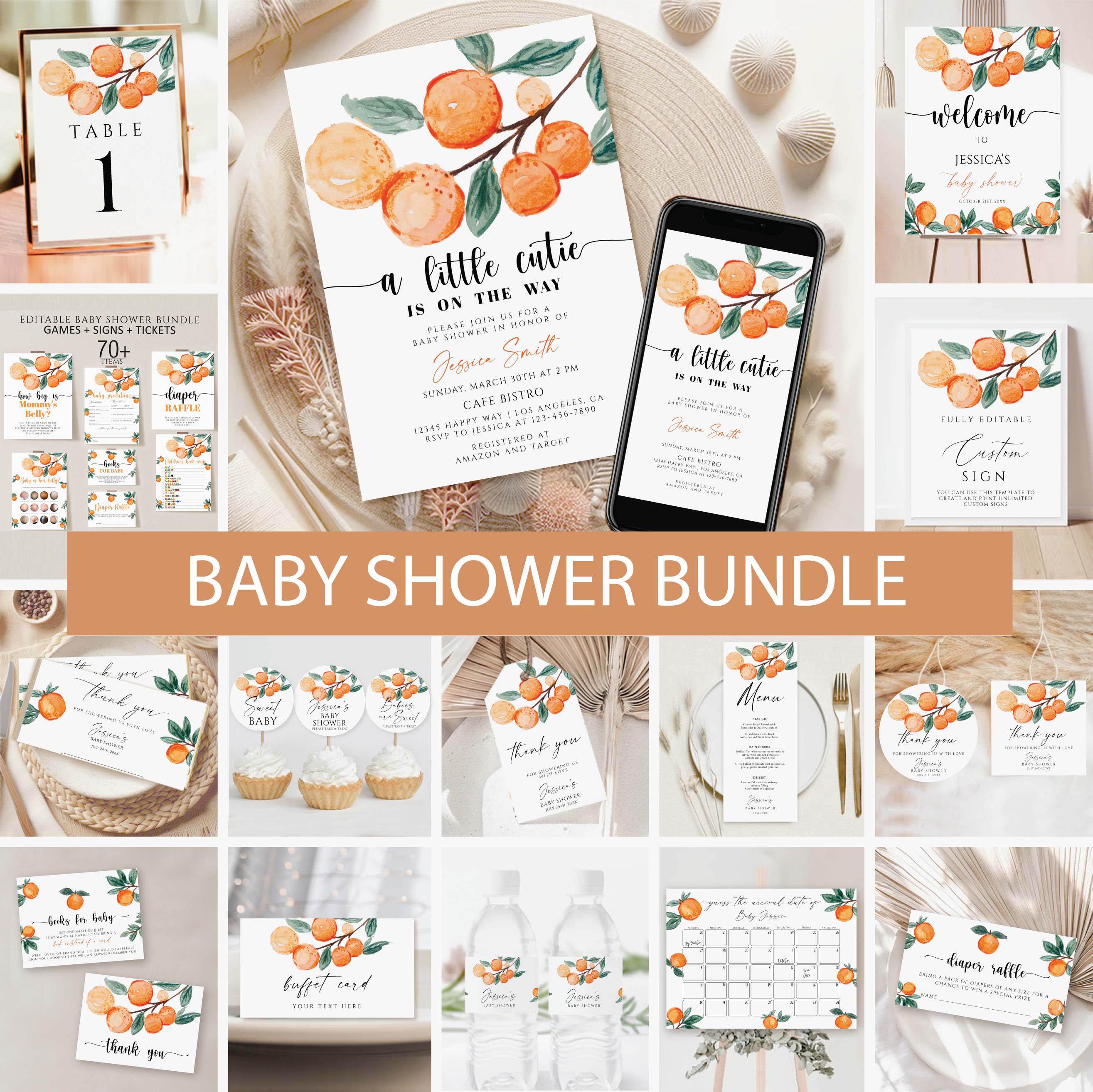 Little Cutie Baby Shower Invitation Bundle, Cutie Baby Shower Games, Orange Baby Shower Invite, Citrus Baby Shower Signs, Editable Template