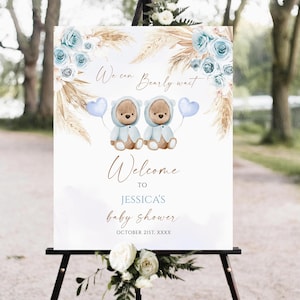 Bearbeitbare Zwilling Jungen Boho Bär Baby Shower Willkommensschild Junge Teddy Bär Boho Baby Shower Willkommensschild druckbare Vorlage Sofortiger Download Zeichen