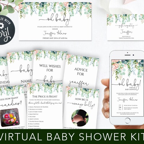 Editable Greenery Modern Baby Shower by Mail Invitation Gender Etsy