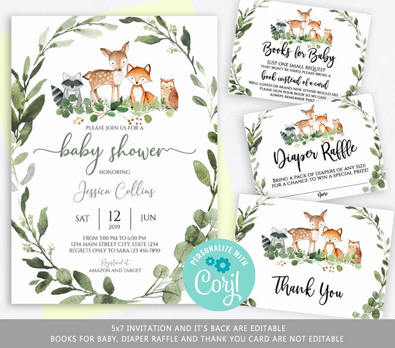 Baby Shower Invitation, woodland baby shower invitation, Editable invitation books for baby, diaper raffle thank you,Invitation set,  byh463 