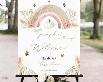 Könnte beinhalten: Ein Willkommensschild für eine Babyparty mit einem Aquarell-Regenbogen, Kürbis und floralen Akzenten. Auf dem Schild steht "a little pumpkin is on the way!" und heißt die Gäste zur Babyparty von Jessica willkommen. Das Datum ist der 21. Oktober 20XX.