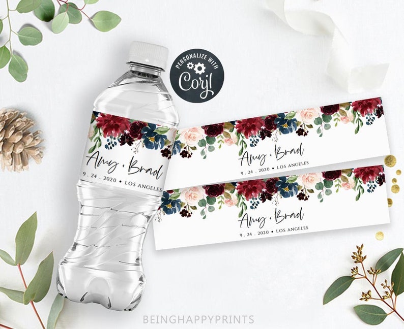 marsala wedding water bottle label template printable water etsy