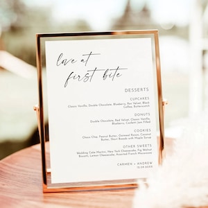 Plantilla de letrero de menú de postres minimalista, amor al primer bocado, menú de postres de boda moderno, estación de postres boho, letrero de boda minimalista moderno