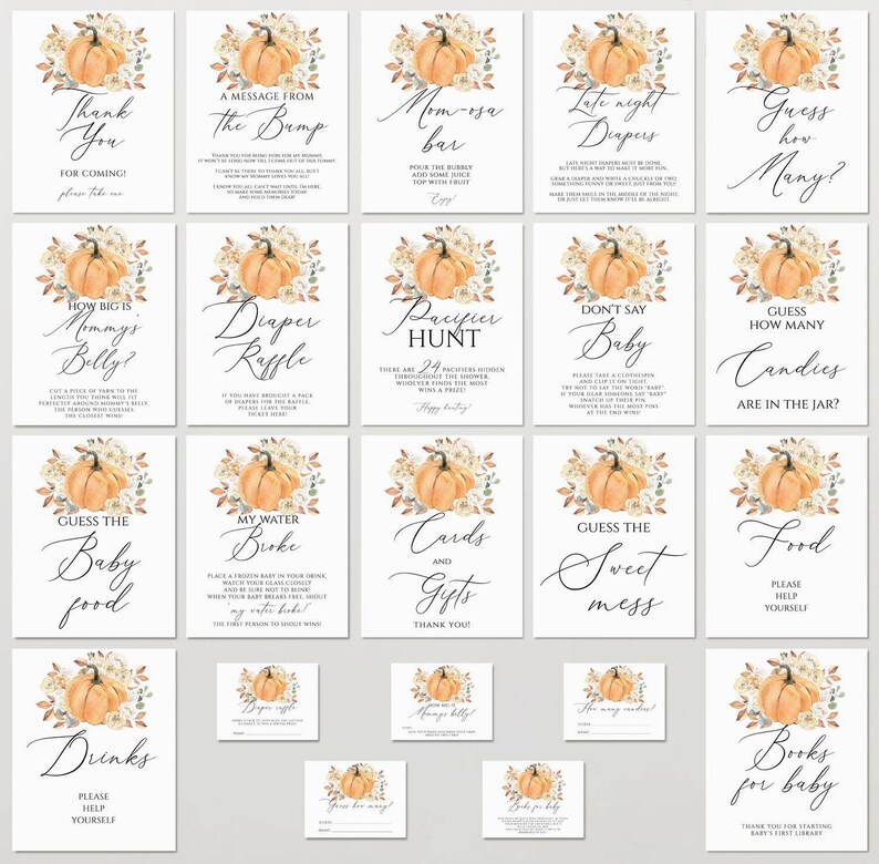 May include: A collection of twenty-five white rectangular baby shower signs and cards featuring watercolor pumpkin and floral illustrations. Each piece displays black text with various game titles and instructions, including Thank You, Diaper Raffle, and Guess How Many.