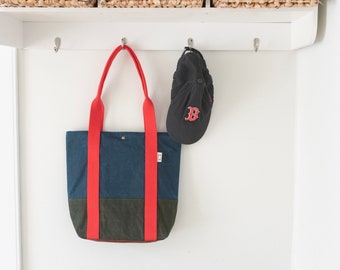 Large Color Block Tote, Waxed Canvas Tote, Work Bag, Everyday Bag