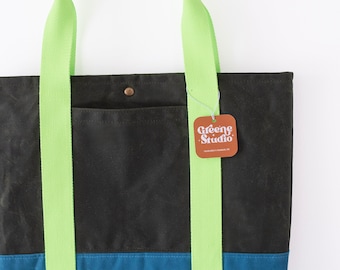 Large Color Block Tote, Waxed Canvas Tote, Work Bag, Everyday Bag