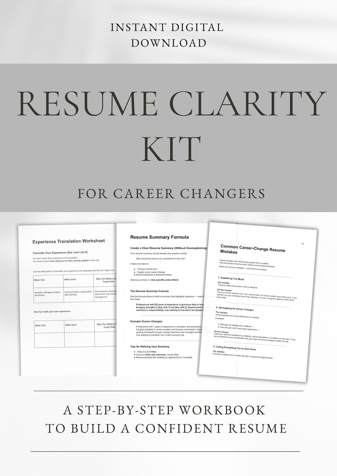 Career Change Resume Clarity Kit | Resume Planning Workbook | Interview ...