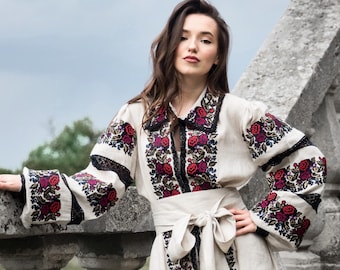 Kleid Besticktes Leinenkleid Ukrainisch Vyshyvanka Unikat Muster Boho Arabian Abaya Kaftan