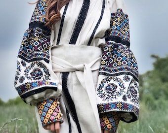 Dress Women Embroidered Linen Ukrainian Vyshyvanka Embroidery Unique Pattern Arabian Abaya Kaftan Boho