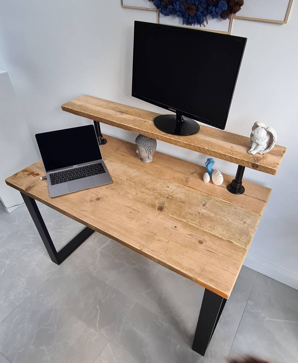 Reclaimed Wood Computer Desk With Monitor Shelf. Workstation. Etsy UK