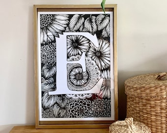 Plakat Mandalove, litera E, początkowa dekoracja ścienna, abecedary, duża litera, monogram, chłopiec dziewczyna, list, pokój dziecięcy