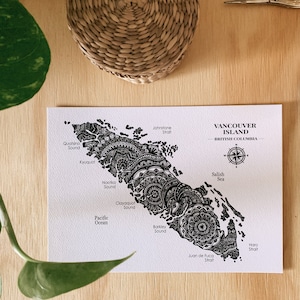 Vancouver Island Map, BC map, Mandalove map, black and white drawing, wall decoration