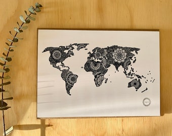 World map greeting card, all-occasion card, worldmap illustration by Mandalove by Florence
