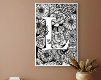 Plakat Mandalove, litera L, początkowa dekoracja ścienna, abecedary, duża litera, monogram, chłopiec dziewczyna, list, pokój dziecięcy