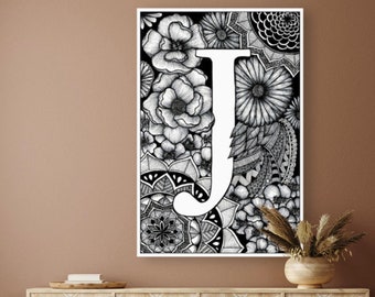 Mandalove poster, letter J, initial wall decoration, abbrene, large letter, monogram, girl boy, letter, nursery