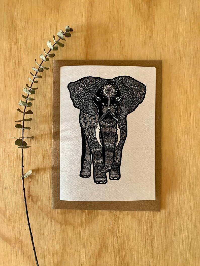Carte de souhait elephant, carte toutes occasions, feather elephant, elephant mandala, Mandalove by Florence 画像 1