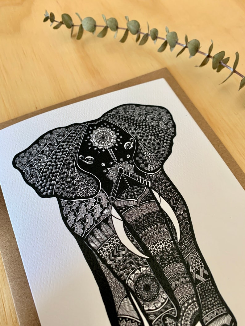 Carte de souhait elephant, carte toutes occasions, feather elephant, elephant mandala, Mandalove by Florence 画像 2
