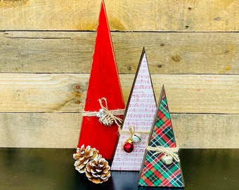 Wooden Christmas Trees | Red, White & Plaid | Rustic Christmas Trees | Tree Shelf-Sitters | Christmas Décor | Rustic Christmas  (Set of 3)