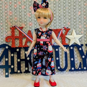 OOAK July the 4th Fourth of July Gnome Romper, Charm Necklace, and Headband with Bow for Siblies 12 Inch Ruby Red Fashion Friends Dolls