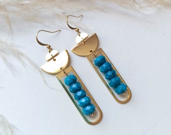 Blue Nephrite Bead Brass Earrings, Handmade Geometric Boho Jewelry, Unique Dangle Earrings, Artisan Jewelry