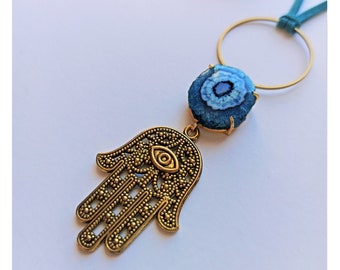 Blue Quartz Hamsa Hand Necklace / Long Boho Hamsa Necklace / Quartz Pendentif / Protection Necklace /