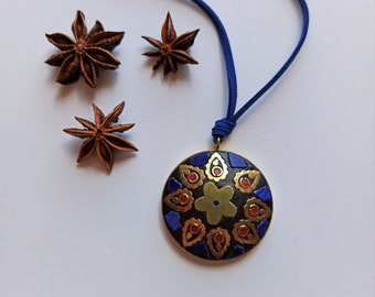 Etnico Design Ottone Ciondolo con Lapis Lazuli / Lunga Collana Festival Tibetano / Boho Collana Estate