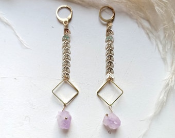 Handmade Amethyst Dangle Earrings: Brass Boho Geometric Jewelry