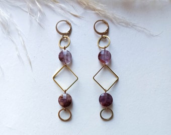 Boho Amethyst Drop Earrings: Handmade Brass Geometric Dangle Jewelry