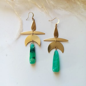 Green Agate Brass Geometric Earrings | Handmade Dangle Earrings | Unique Gemstone Jewelry | Statement Gift for Her