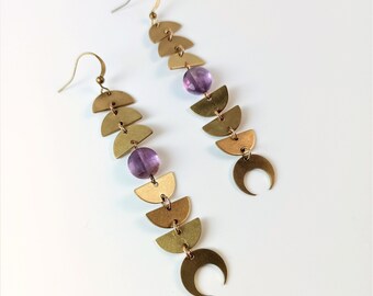 Handmade Amethyst Brass Dangle Earrings: Geometric Boho Jewelry