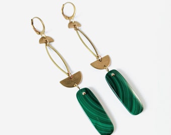Malachite Brass Geometric Earrings / Green Gemstone Earrings / Raw Brass Earrings / Gold Boho Earrings