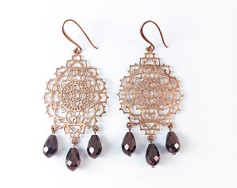 Handmade Copper Filigree Dangle Earrings: Boho Rose Gold Jewelry